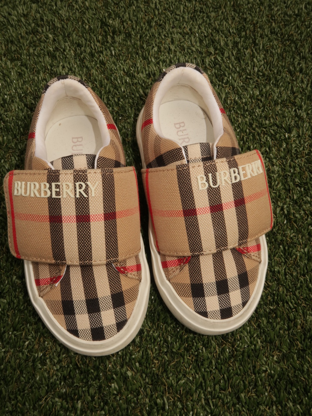 Burberry Tan Check Kids Velcro Sneakers with Red Trim